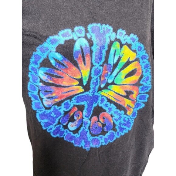 Woodstock Peace Sign Tie-Dye Black T-Shirt Size Large 2 Sides - Picture 2 of 7
